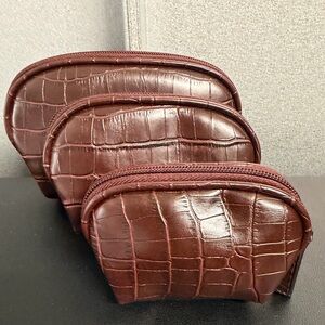 Brown Croc-Embossed Cosmetic Pouch Set (3-Piece Nesting Set)